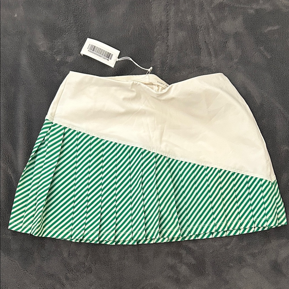 Tory Sport Green and White Diagonal Striped Mini Skirt